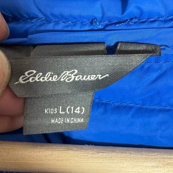 Kids Eddie Bauer Blue Ombré Lightweight Goose down Puffer Jacket Coat Hood L 14 - Picture 4 of 8